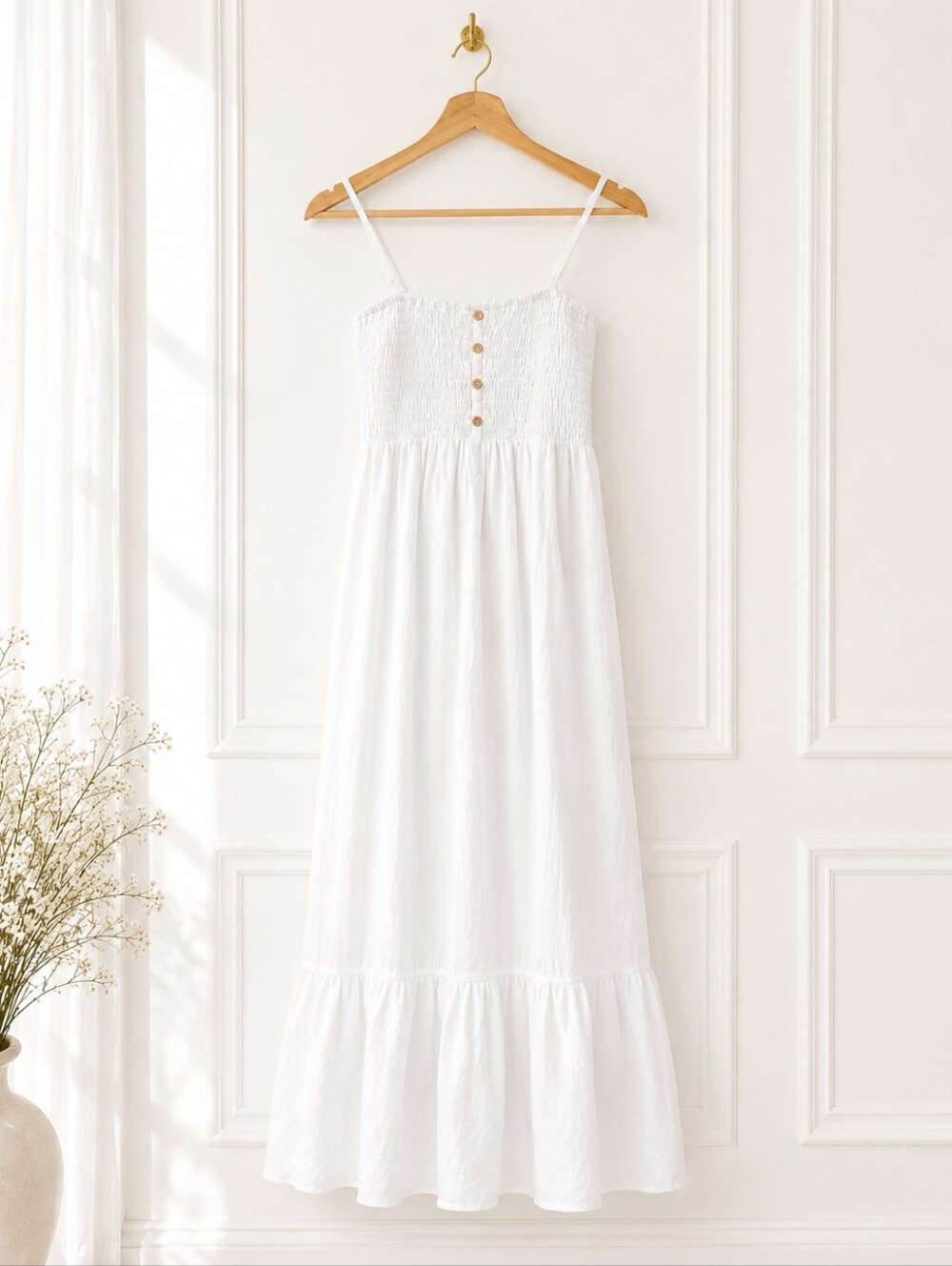 AUW White Smocked Maxi Dress Size M | Cottagecore Boho Lined Summer Sundress - Picture 6 of 10